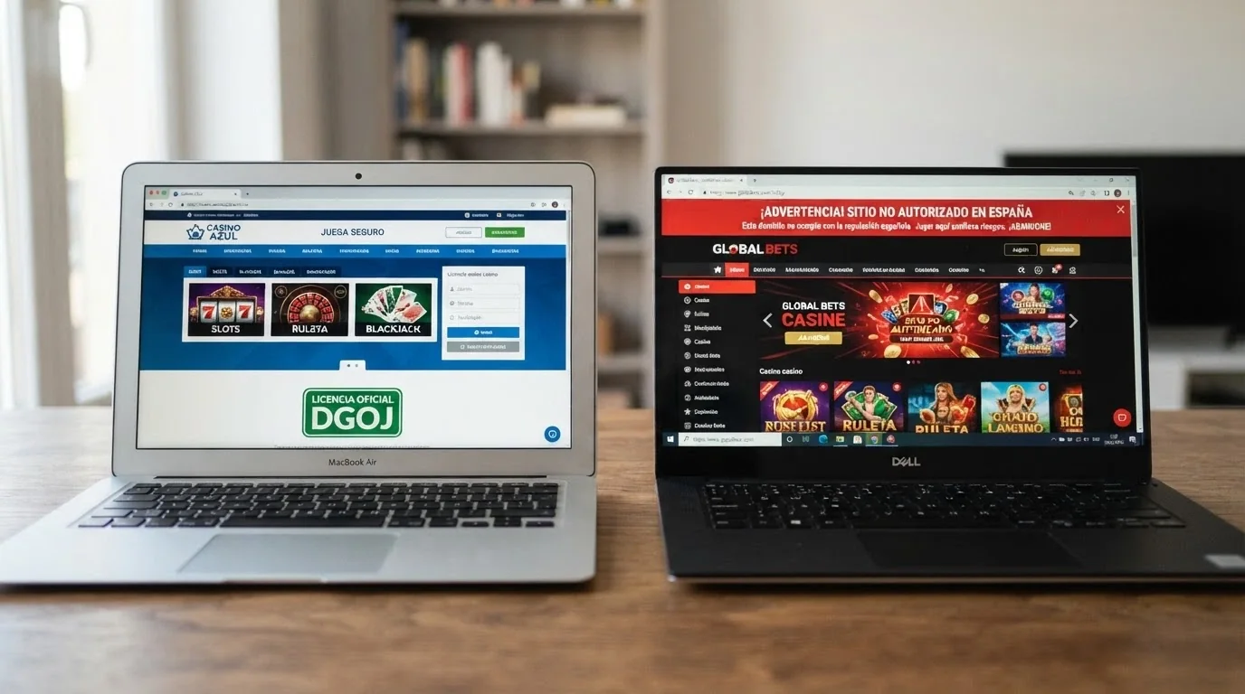 Pantalla dividida: a la izquierda, un casino con dominio .es y sello DGOJ; a la derecha, un sitio sin licencia con advertencia de dominio extranjero