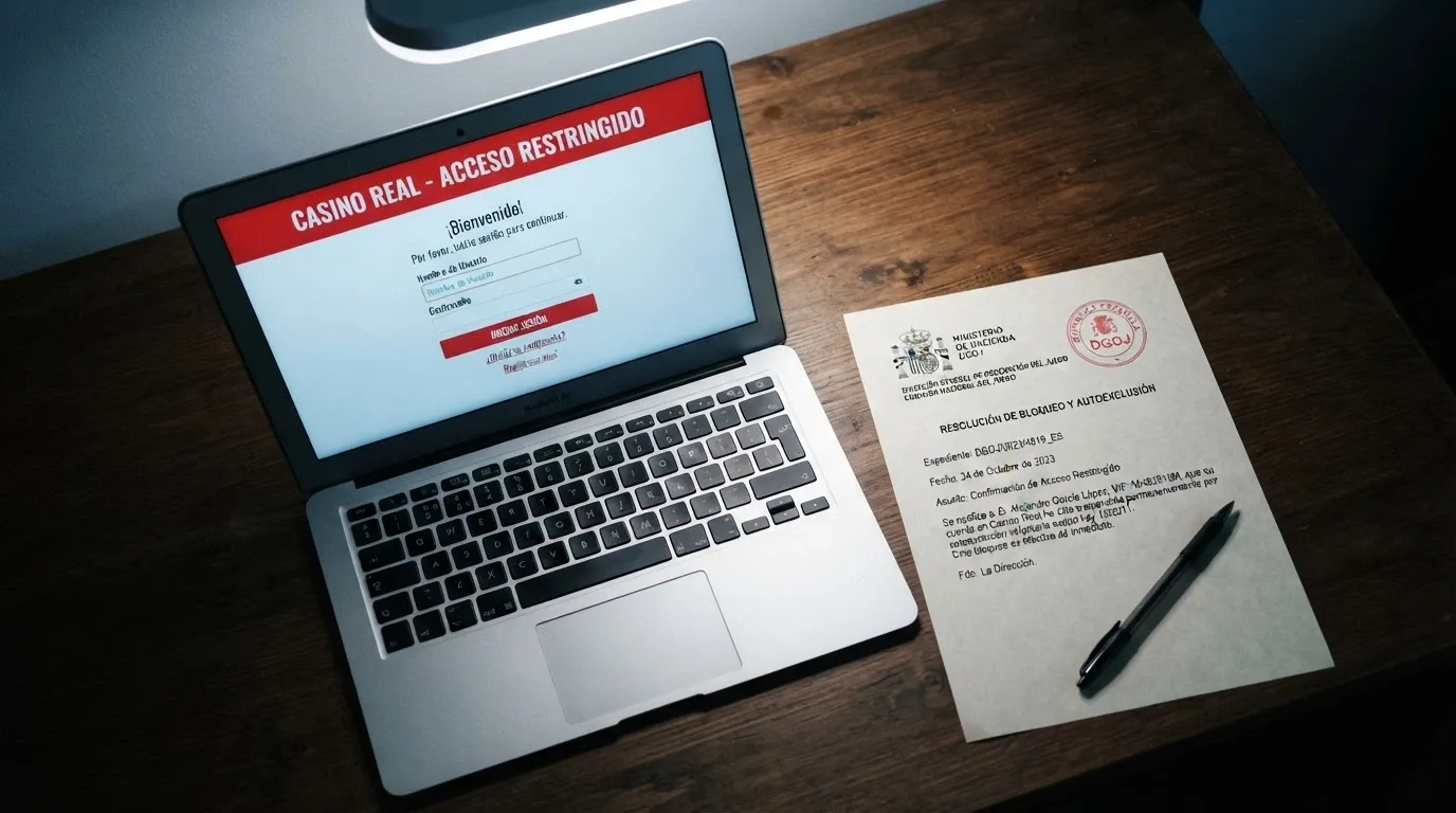 Documento oficial con el escudo de la DGOJ y un sello de sin licencia superpuesto sobre una pantalla de casino con criptomonedas