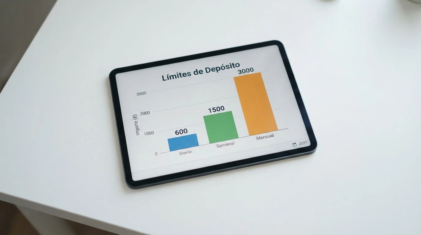Panel de control de límites de depósito con cifras diarias, semanales y mensuales, y un calendario que señala marzo de 2027