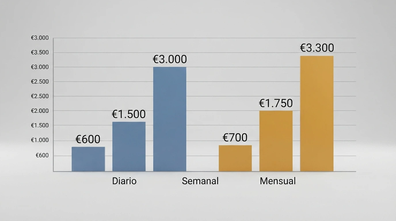 Gráfico de barras comparando los límites actuales por operador (€600, €1.500, €3.000) con los nuevos límites conjuntos (€700, €1.750, €3.300)