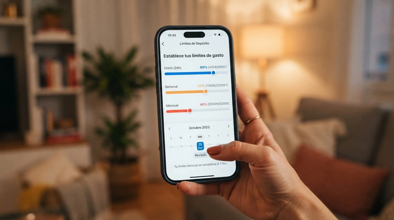 Panel de control de límites de depósito de un casino online español con los tramos diario, semanal y mensal visibles y un calendario señalando marzo de 2027