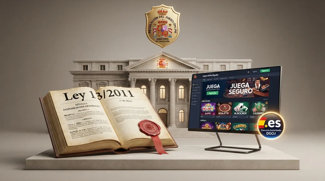 El edificio de la DGOJ en Madrid junto al BOE abierto por la Ley 13/2011 y un sello de licencia española .es sobre una pantalla de casino online