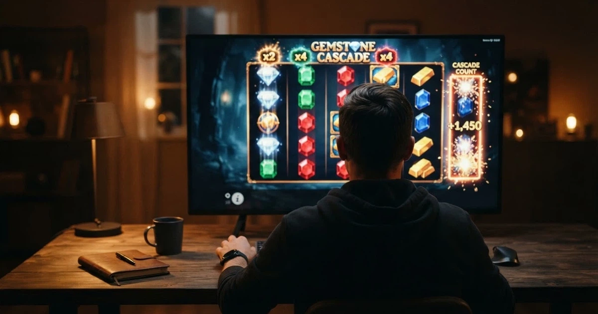 Un jugador frente a una pantalla con los carretes de un slot de Big Time Gaming iluminados en plena partida, rodeado de iconos de casino online con licencia española