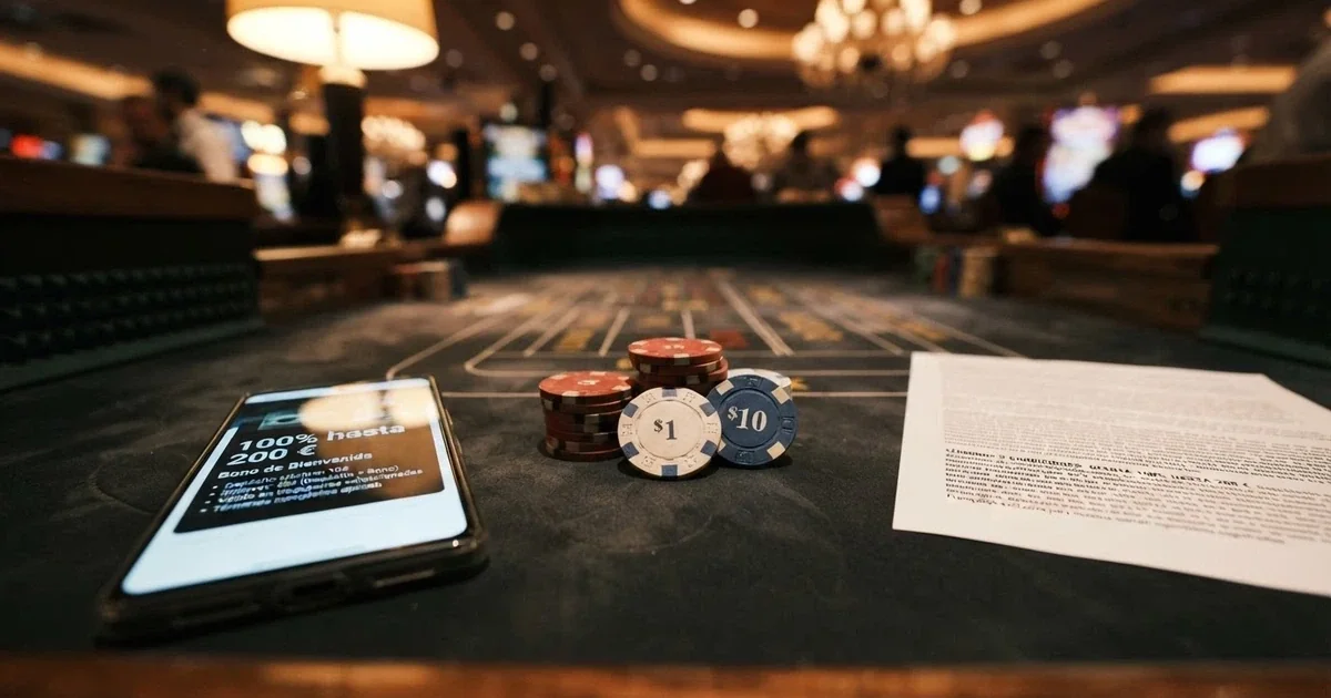 Comparativa visual de fichas de casino, pantallas de bono de bienvenida y condiciones de letra pequeña sobre un fondo de mesa de juego regulada