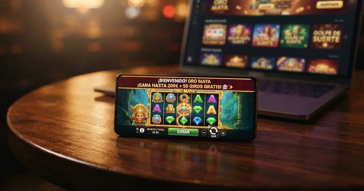 Pantalla de un casino online español con promoción de tiradas gratis destacada y varias tragaperras de fondo