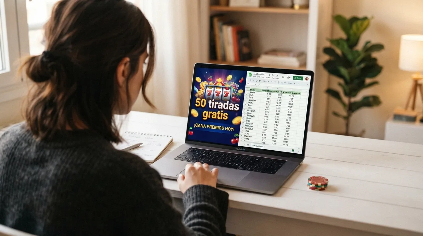 Un jugador sentado ante una pantalla dividida: a la izquierda, una oferta de 50 tiradas gratis sin depósito; a la derecha, una tabla con el cálculo del valor real esperado tras aplicar rollover y límites de retirada.