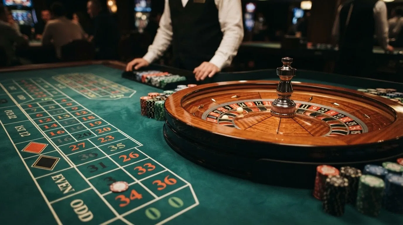 Primer plano de una ruleta en vivo con la bola sobre el plato, el tapete con números y el crupier al fondo