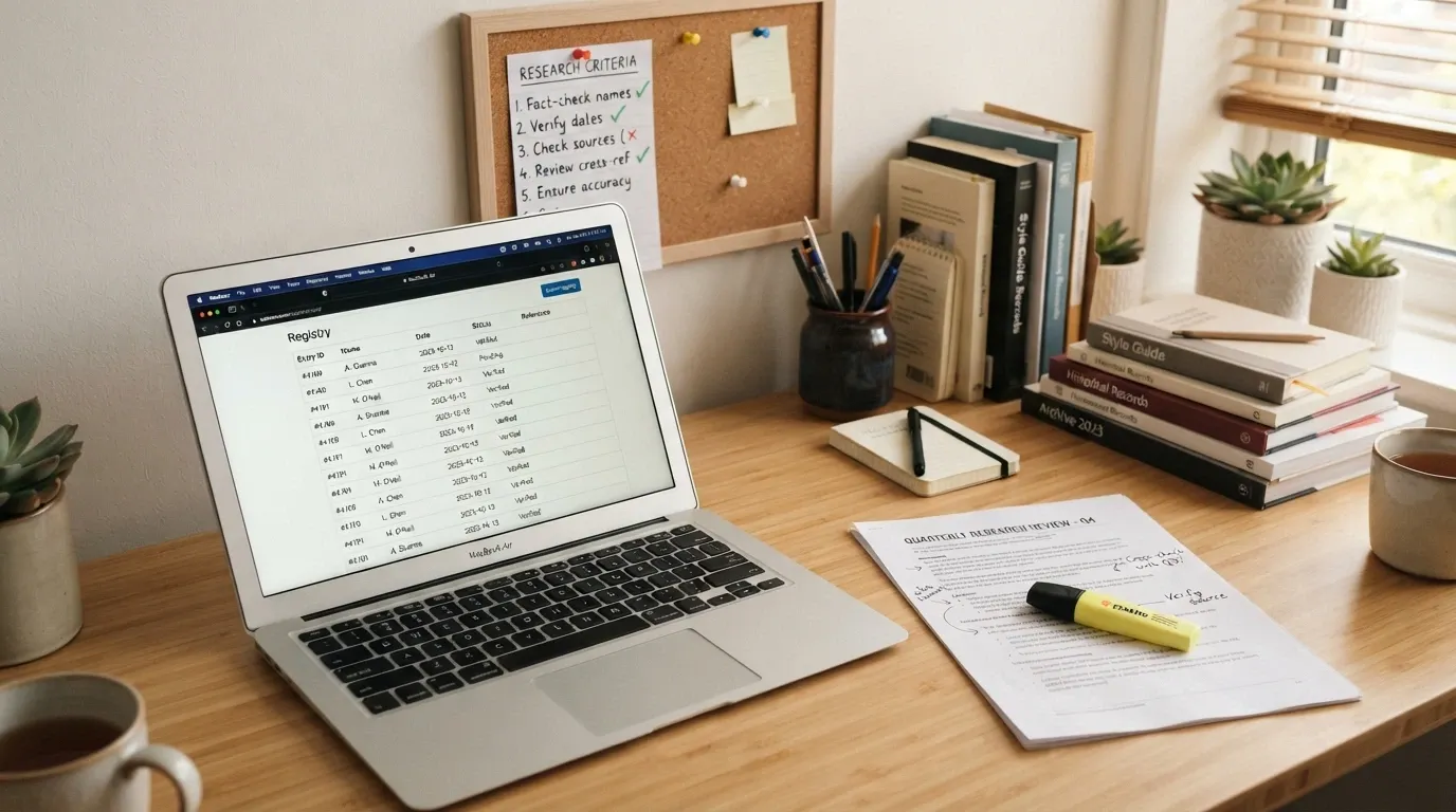Un escritorio con informes, el registro DGOJ abierto en una pantalla y notas manuscritas con criterios de selección, en un entorno de trabajo editorial