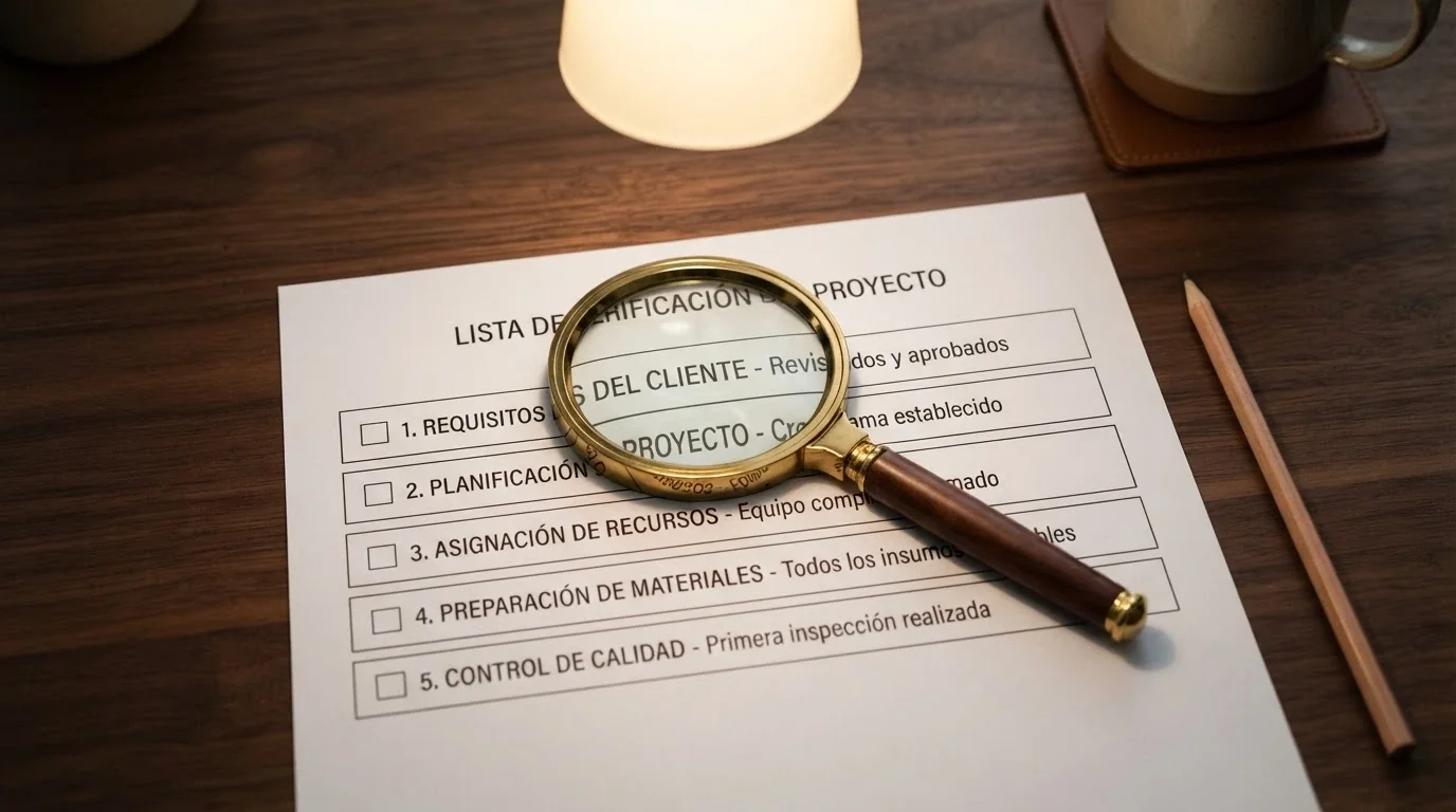 Una lupa sobre una lista de comprobación con los cinco criterios de evaluación: licencia DGOJ, oferta sin depósito, rollover, caducidad y ganancia máxima