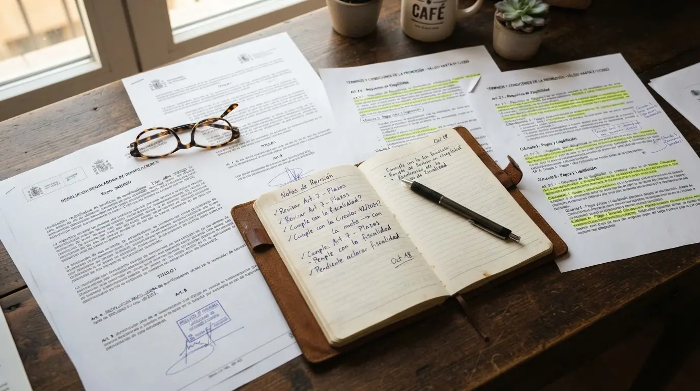 Documentos oficiales de la DGOJ, hojas de términos de bono y una libreta con anotaciones sobre una mesa de trabajo