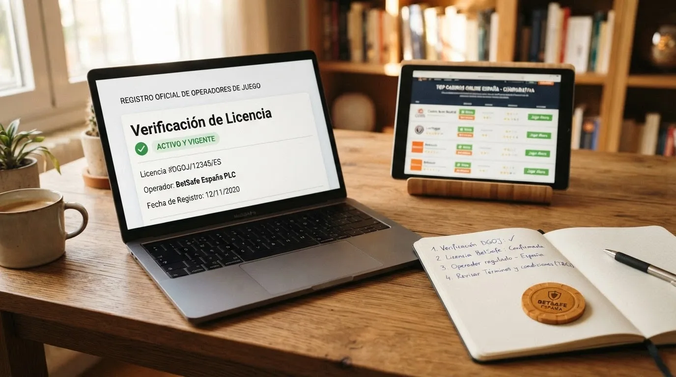 Escritorio con documentación abierta: pantalla del registro de la DGOJ en ordenacionjuego.es, un comparador de ofertas y una libreta con anotaciones manuscritas de criterios
