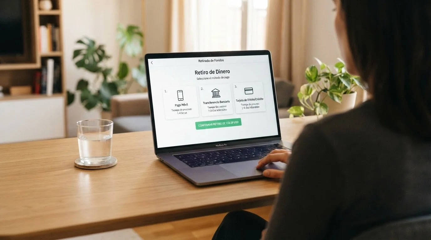 Pantalla de métodos de retirada en un casino online español mostrando Bizum, transferencia bancaria y tarjeta
