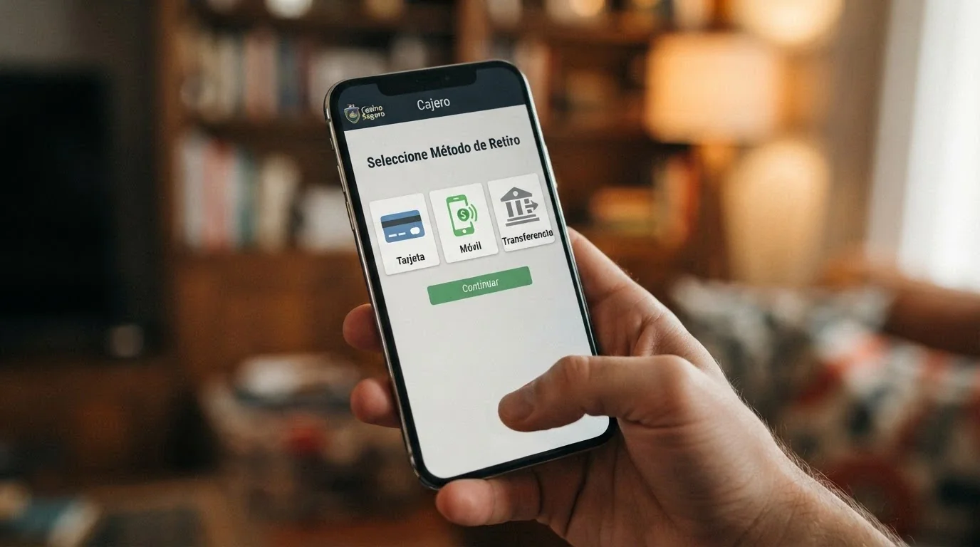 Pantalla de cajero de casino online mostrando Bizum, tarjeta bancaria y transferencia como opciones de retiro