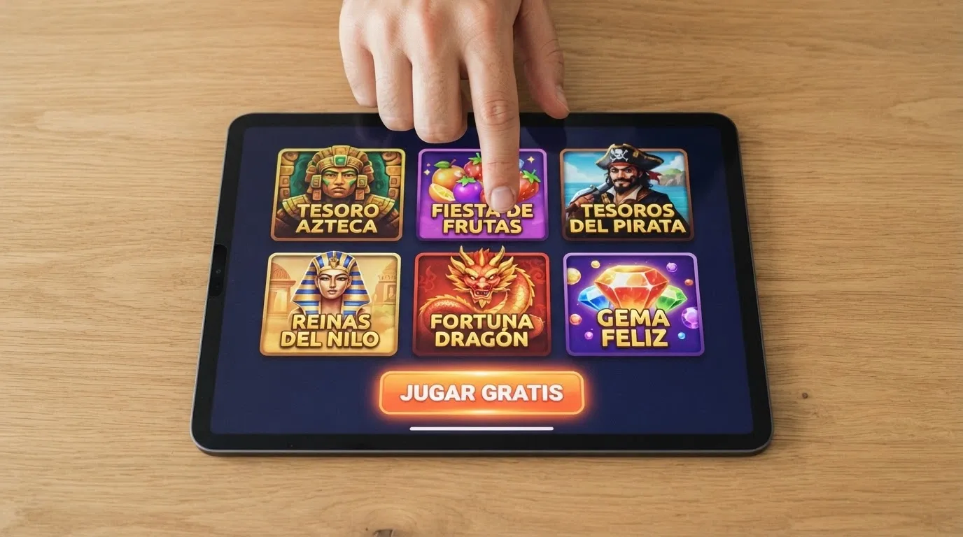 Pantalla de selección de tragamonedas con el botón «jugar gratis» o «demo» destacado, sin campos de registro visibles