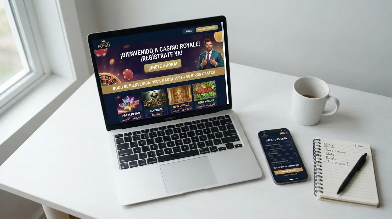 Fachada virtual de un casino online de reciente lanzamiento con interfaz moderna y sección de registro visible