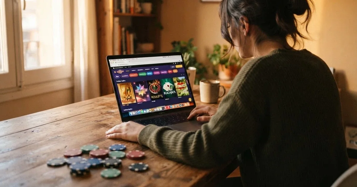 Un jugador frente a una pantalla con varias fichas de casino online abiertas, una lupa sobre el dominio .es de una de ellas