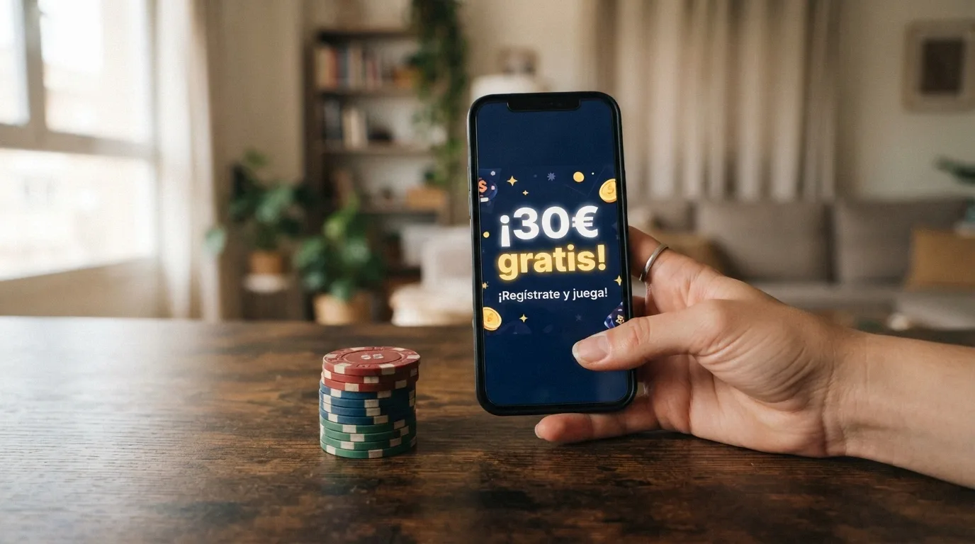Mano recogiendo fichas de casino con un móvil al lado que muestra «30€ gratis sin depósito» en la pantalla