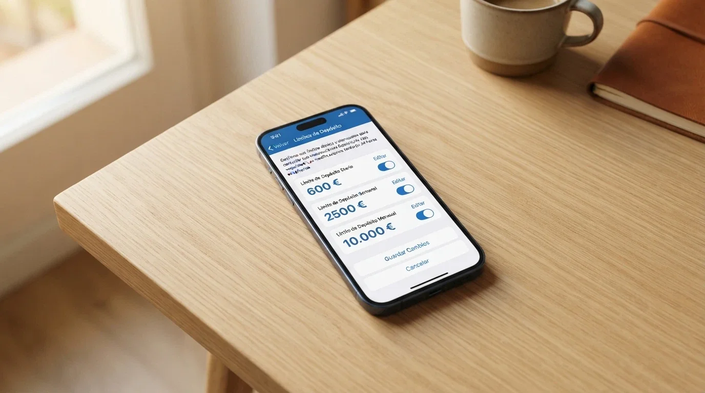 Panel de configuración de límites de depósito diario, semanal y mensual en un casino online español