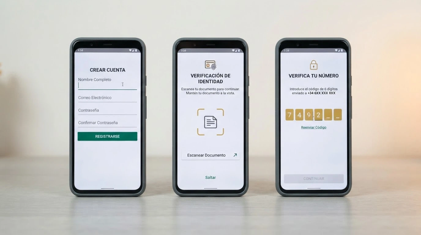 Secuencia de tres pantallas: registro, verificación de identidad y campo de código promocional en un casino online
