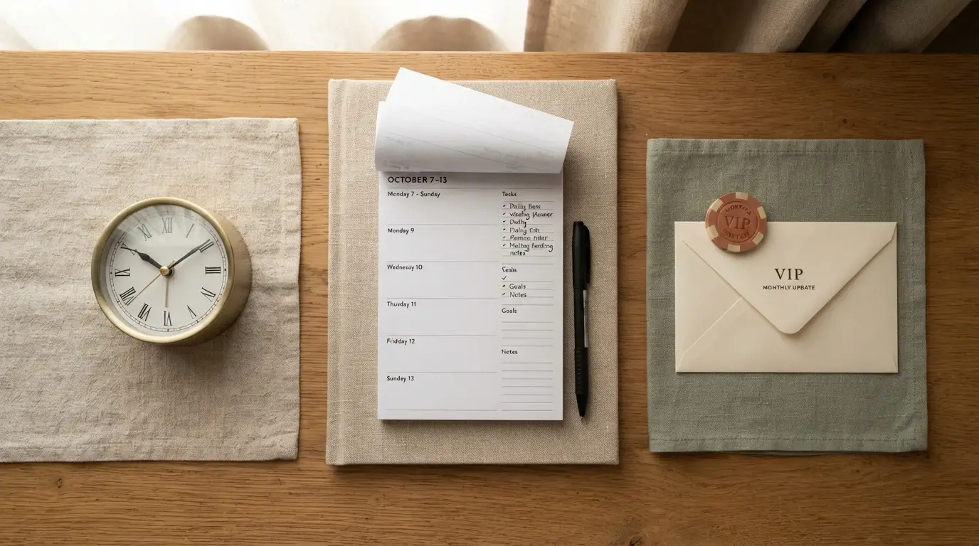Calendario con los distintos ritmos de reembolso: un reloj para el diario, un calendario semanal y un cheque mensual para el VIP