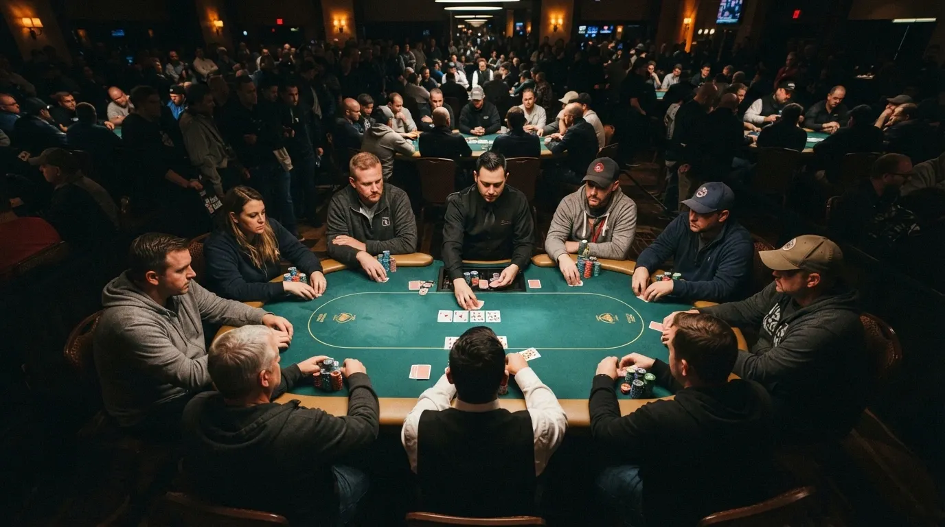 Una mesa de poker con jugadores y fichas durante un torneo en la sala del Casino Barcelona, con el logo del EPT visible