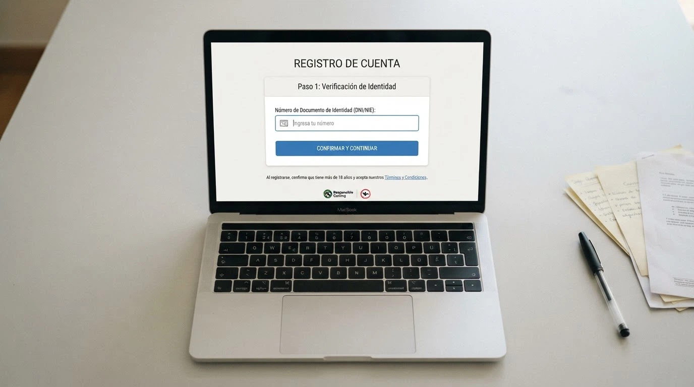 Pantalla de formulario de registro en un casino online español con el campo de verificación de identidad visible