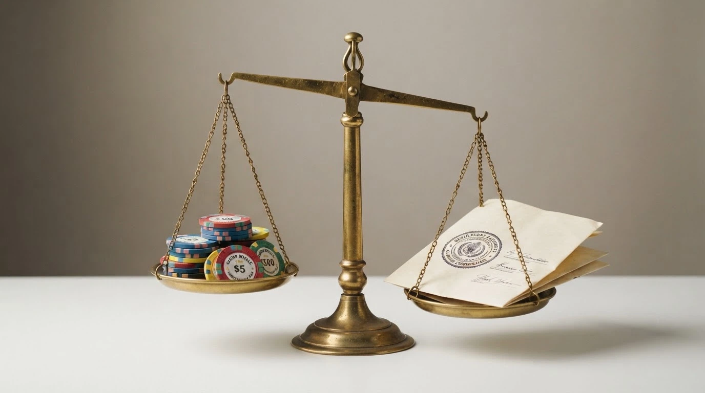 Una balanza con dos platillos: en uno la palabra «promesa» junto a fichas de casino sin límites visibles, en el otro «realidad» junto a un documento con el sello de la DGOJ