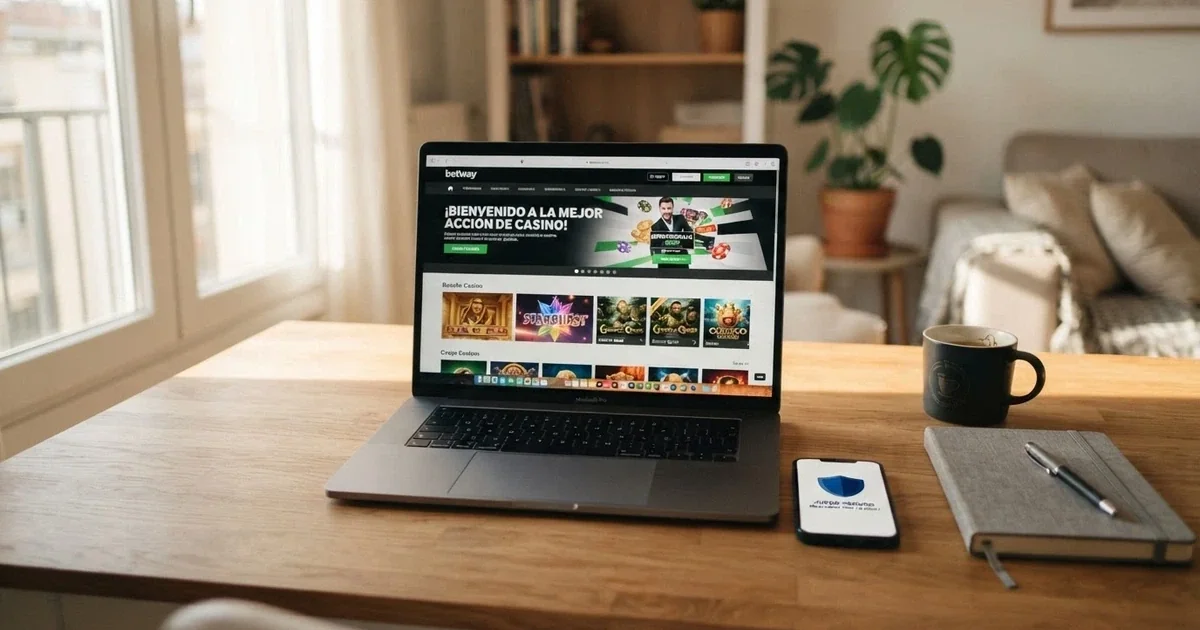 Escritorio con pantalla mostrando la interfaz de un casino online español legal junto a un móvil con el logo de la DGOJ, en un entorno doméstico luminoso