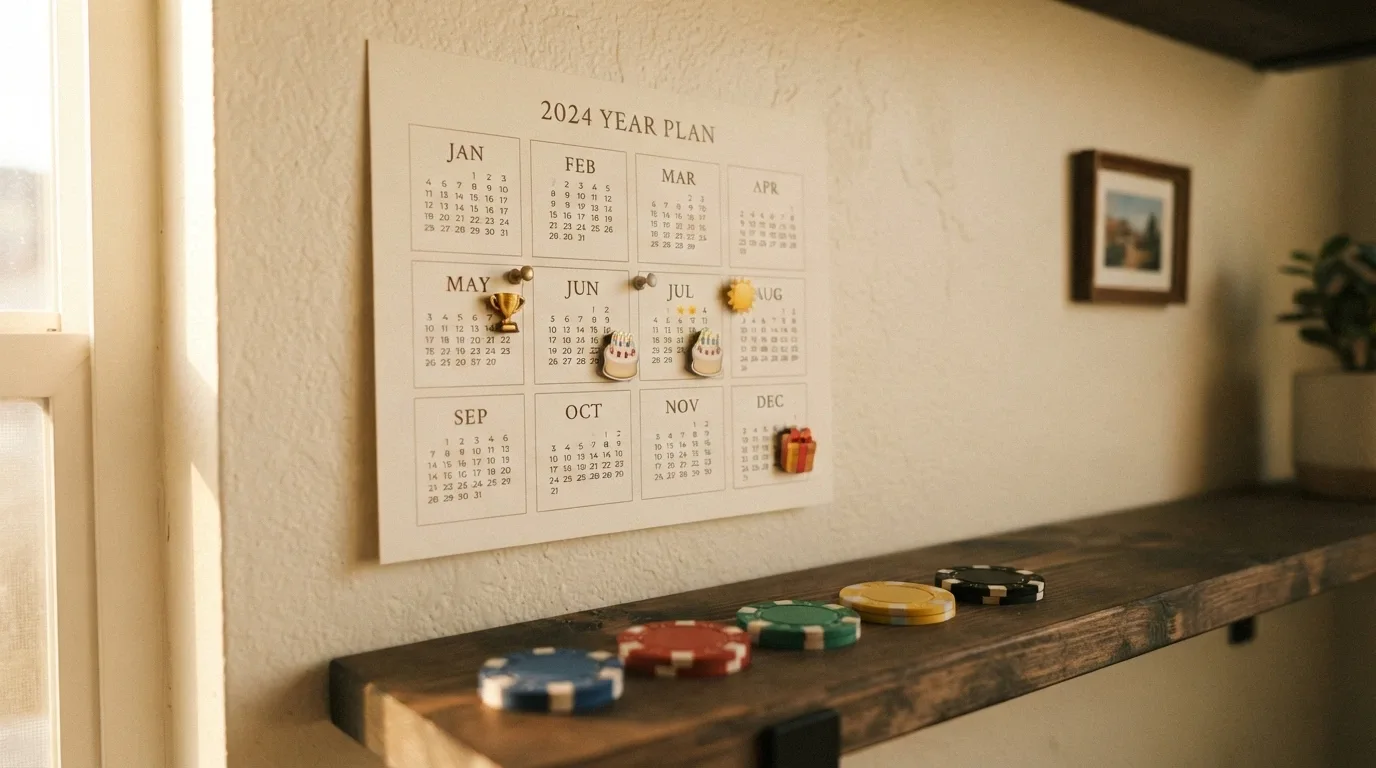 Calendario anual con iconos de regalo, copa de torneo, tarta de cumpleaños y sol de verano marcados sobre meses, junto a fichas de póker