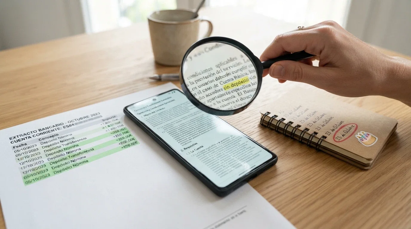 Una lupa sobre un móvil que muestra la letra pequeña de los términos «bono sin depósito» junto a un calendario con el día del cumpleaños marcado y un extracto bancario con depósitos previos resaltados