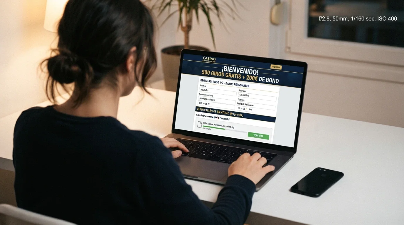 Formulario de registro en un casino online con el campo de verificación de identidad y la promoción de tiradas gratis visible
