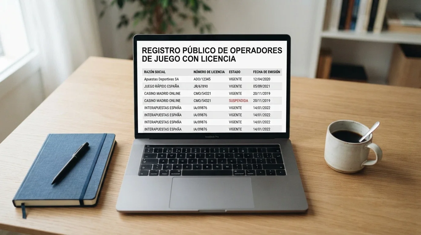 Pantalla de ordenador mostrando el registro público de titulares de licencia de la Gambling Division de Gibraltar
