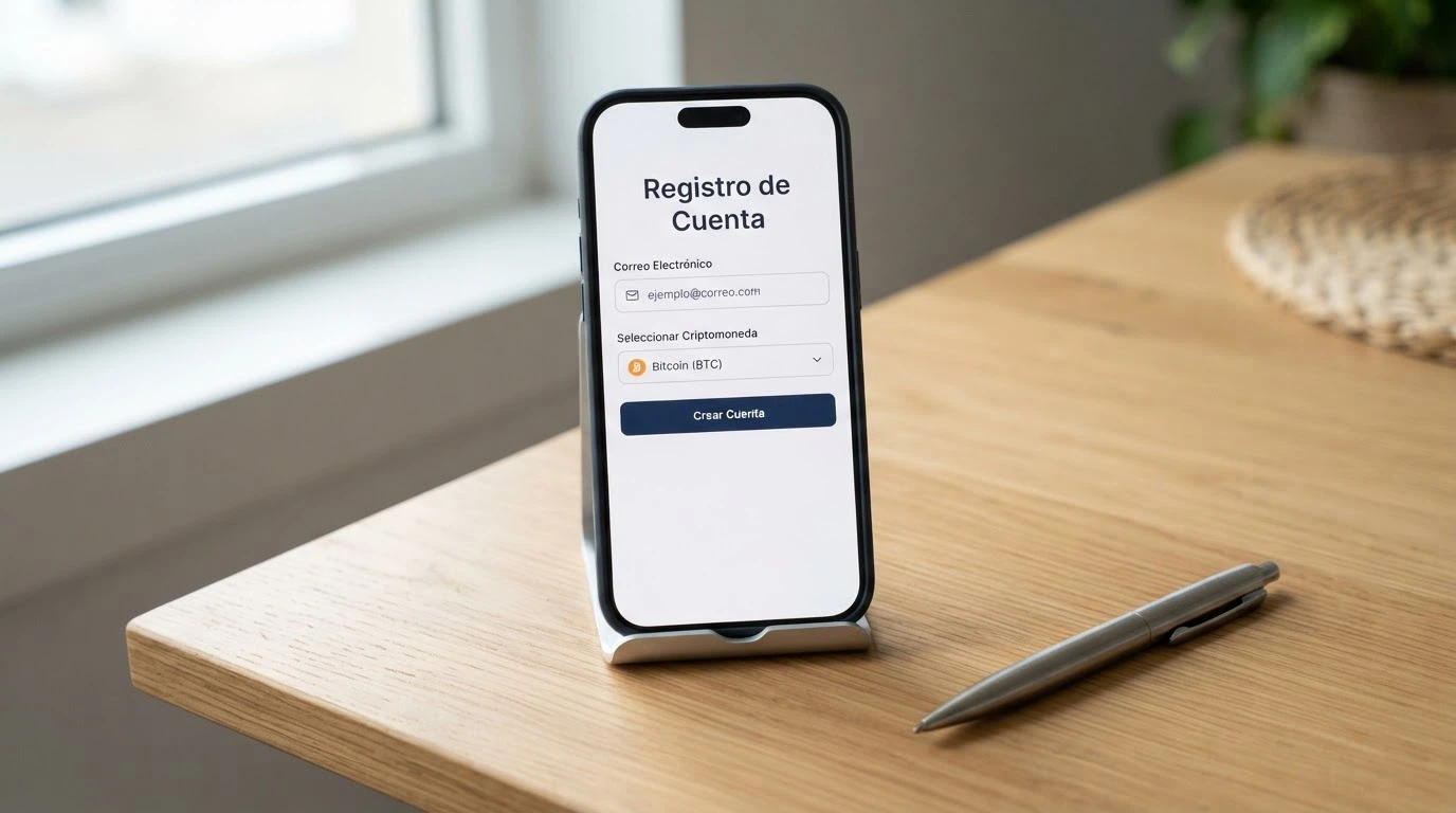 Formulario de registro minimalista con solo un campo de email y un selector de criptomoneda, sin campos de documento de identidad