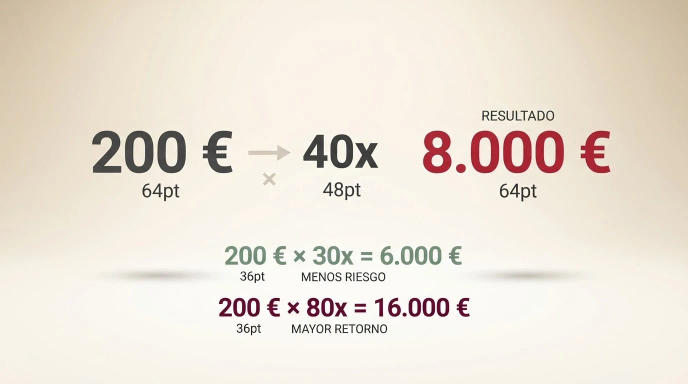 Ilustración que muestra cómo un bono de 200 € con wagering 40x exige apostar 8.000 € antes de poder retirar