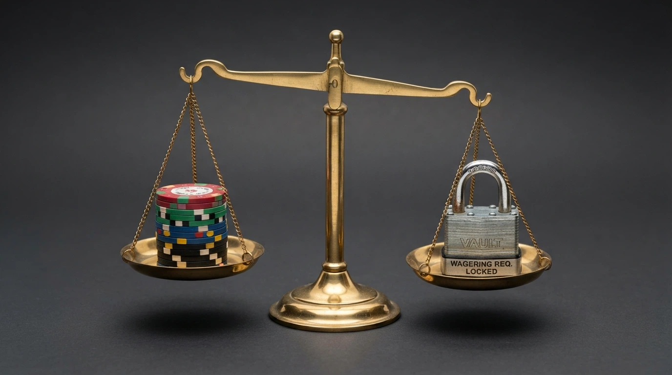 Una balanza con fichas de casino en un platillo y un candado en el otro, representando el equilibrio entre las ganancias de las tiradas gratis y el requisito de apuesta que las bloquea.