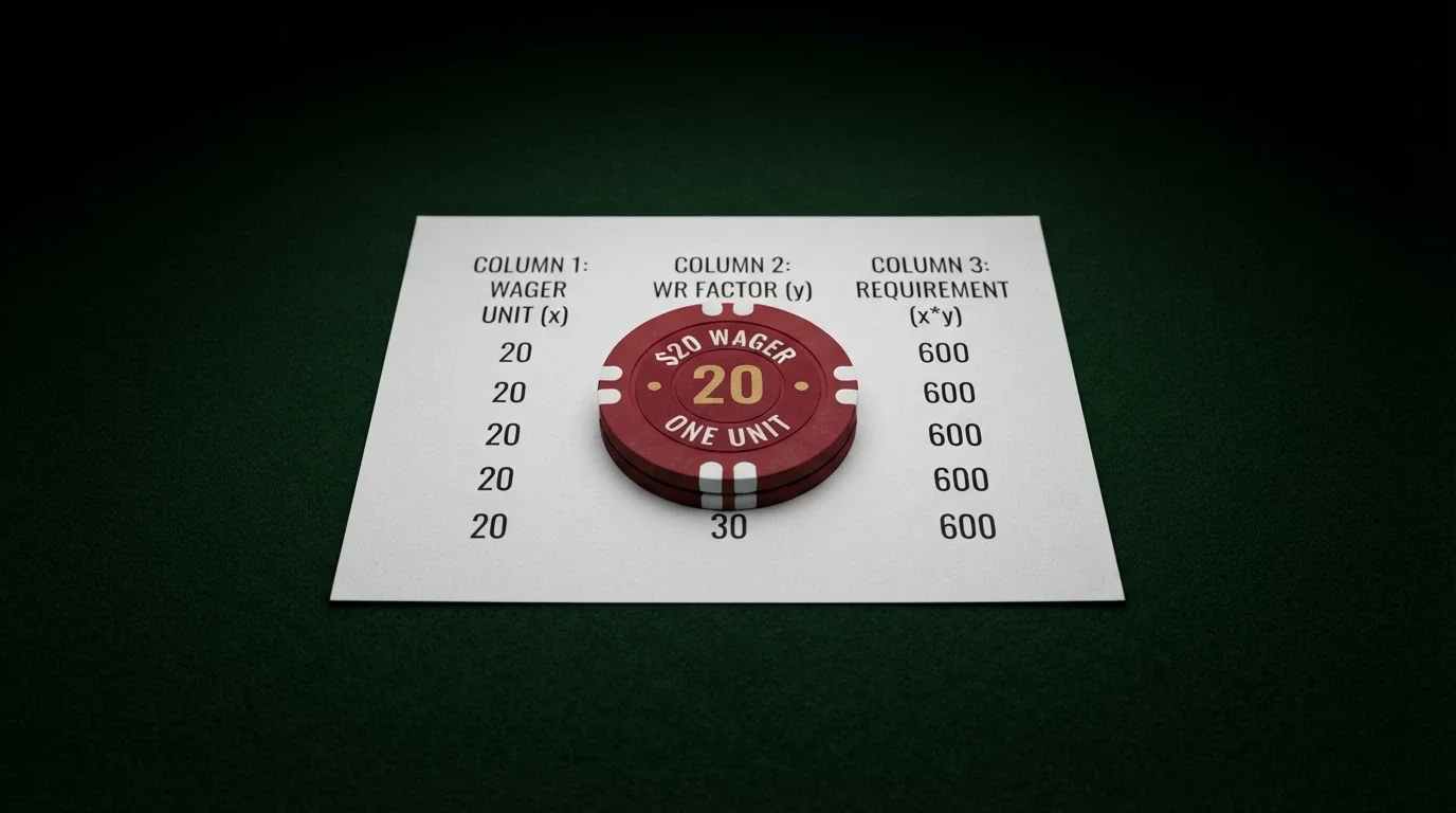 Ficha de casino sobre una tabla de multiplicación con las cifras 20, 30 y 600