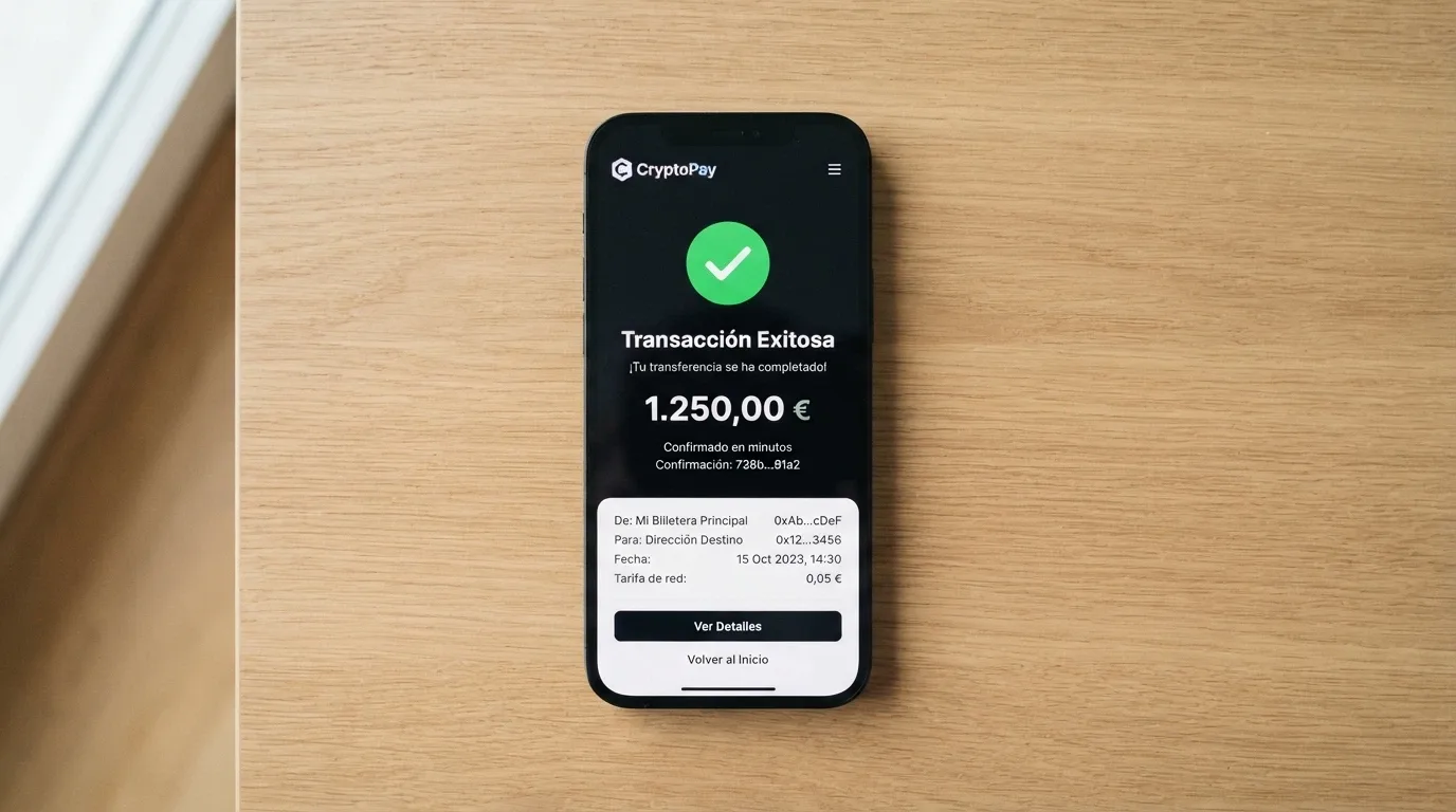 Una wallet de criptomonedas en un teléfono mostrando una transacción entrante con el estado «confirmada en 8 minutos»