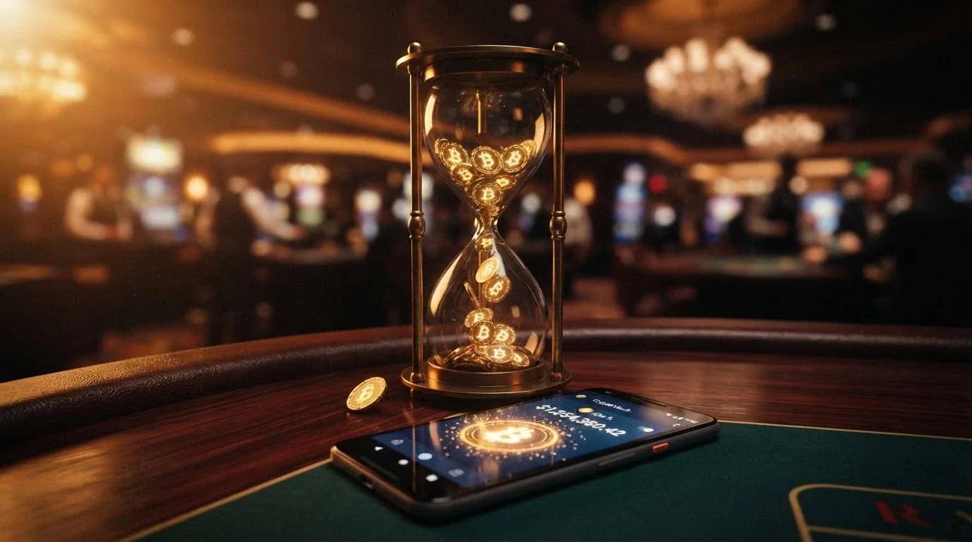 Un reloj de arena sobre una mesa de casino, con monedas doradas marcadas con el logo de BNB cayendo lentamente hacia una wallet abierta en la pantalla de un móvil.