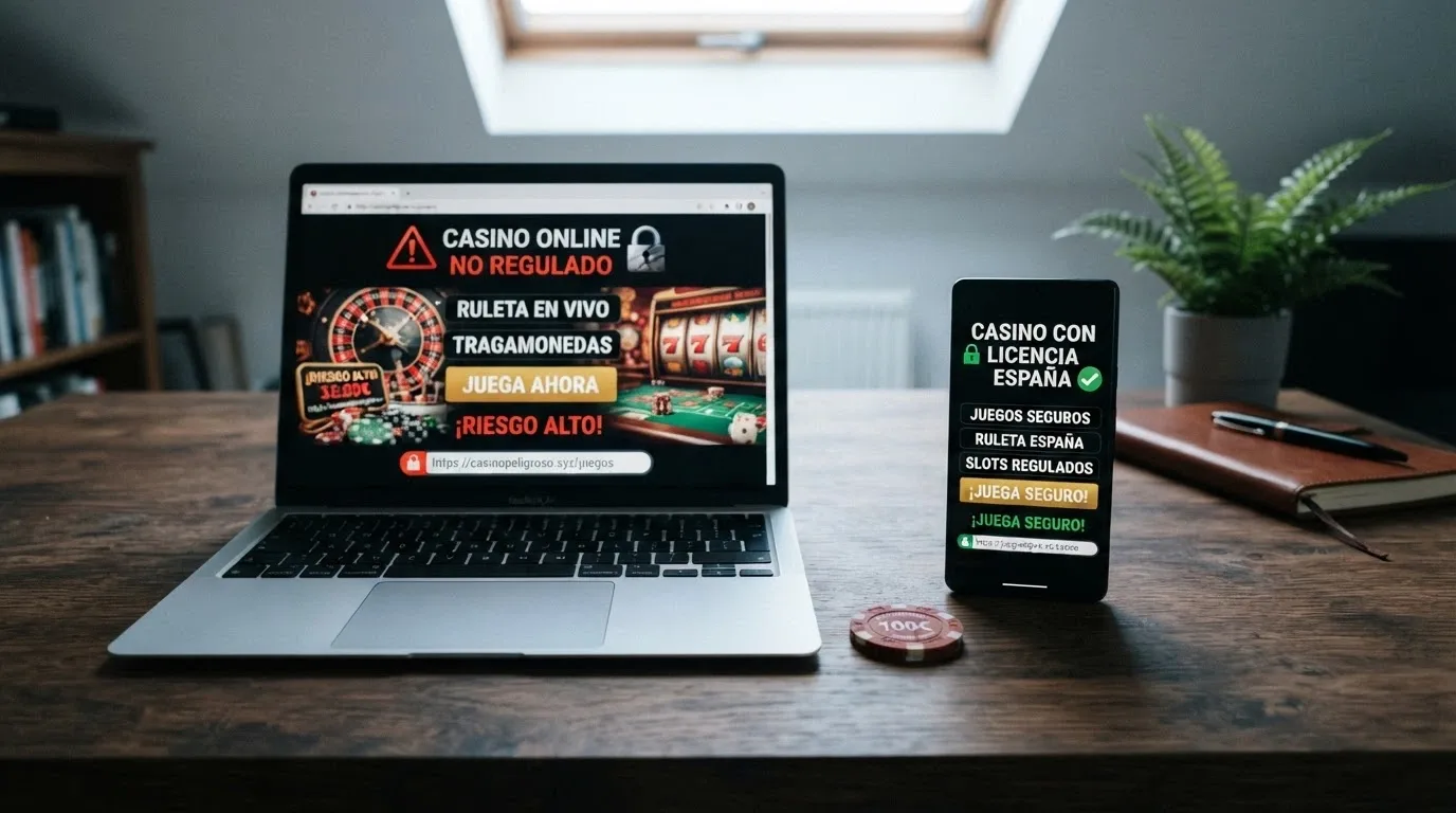 Un ordenador portátil mostrando una pantalla de casino online con un candado roto y un signo de advertencia sobre el dominio, contrastando con un móvil que muestra un casino con el dominio .es y un candado verde.