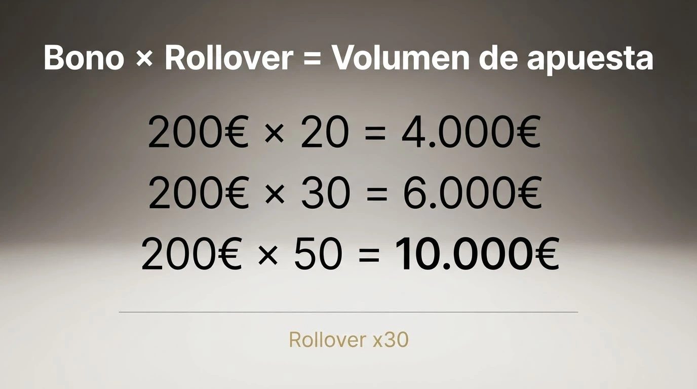 Infografía simple mostrando la fórmula «Bono × Rollover = Volumen de apuesta exigido», con un ejemplo numérico: 200€ × 30 = 6.000€