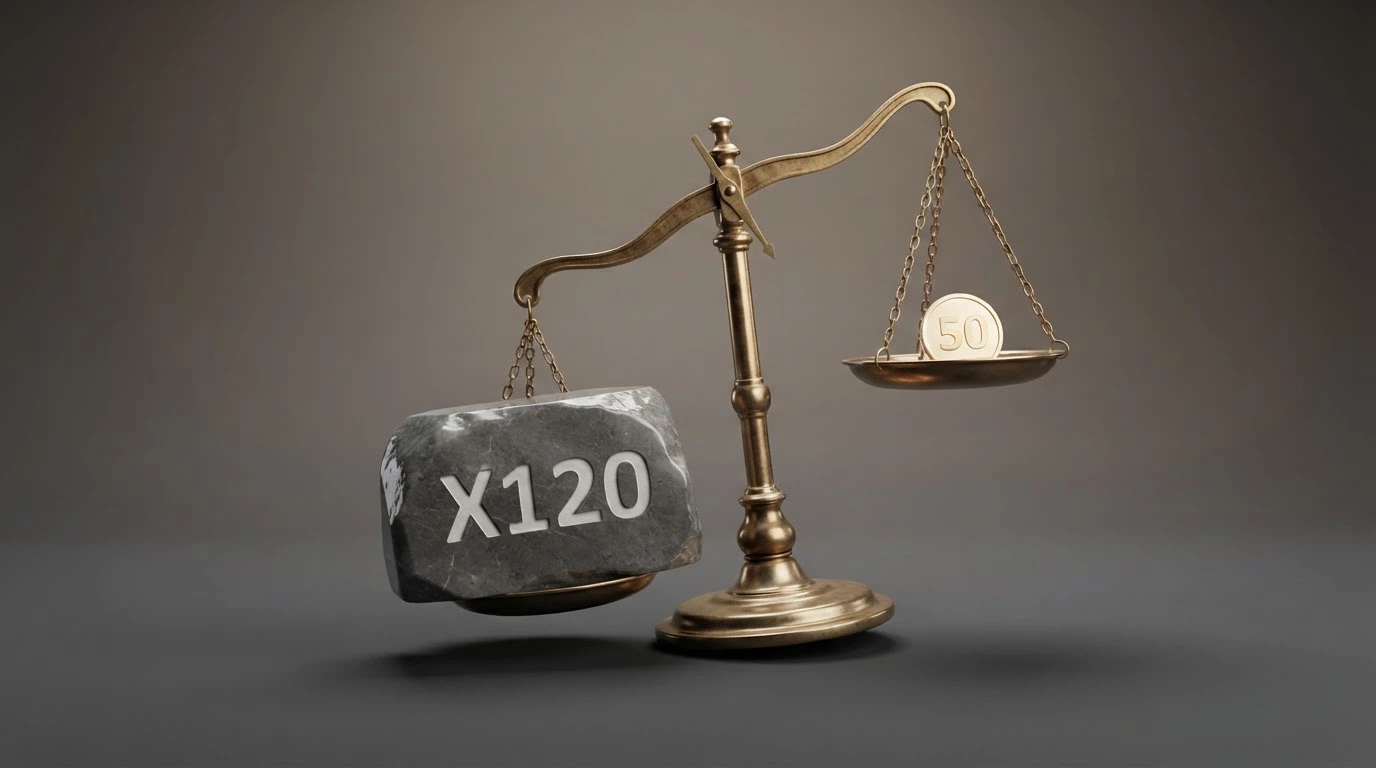 Una balanza con «x120 de rollover» en un platillo que pesa mucho más que «50 giros gratis» en el otro