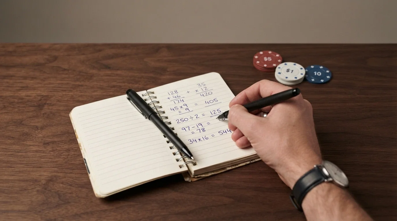 Calculadora, calendario y una tabla de contribución por juego con porcentajes al lado de iconos de slots, ruleta y blackjack