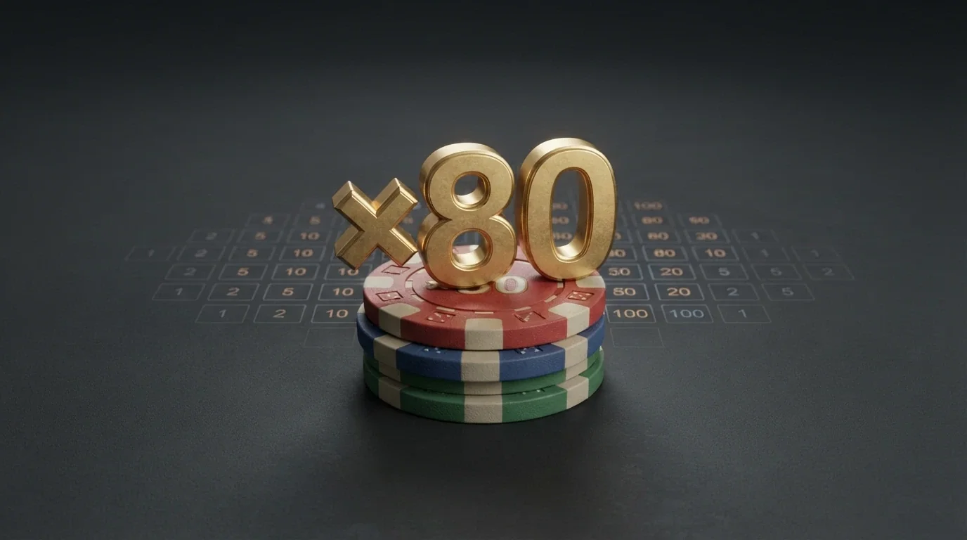 Calculadora o esquema visual con fichas de casino que ilustra cómo un requisito de apuesta multiplica varias veces el valor del bono recibido