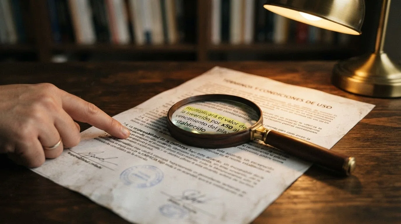 Primer plano de un documento de términos y condiciones con una lupa sobre la cláusula de rollover