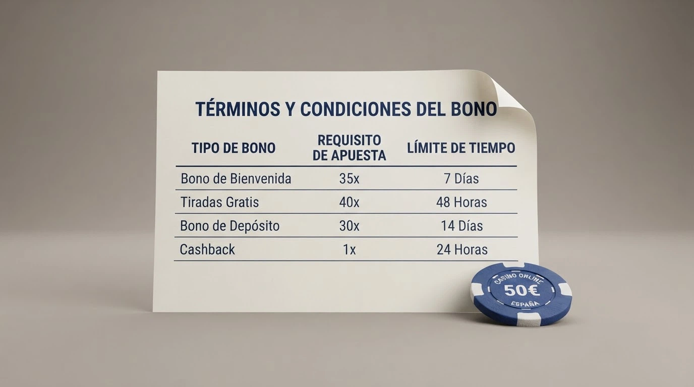Captura de los términos y condiciones de una oferta de tiradas gratis donde se vea destacado el requisito de apuesta (rollover)