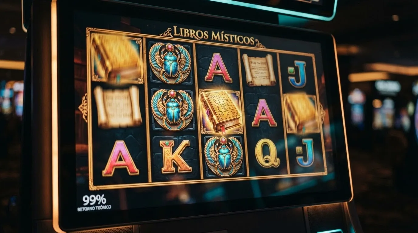 Pantalla de un slot online con la cuadrícula de símbolos iluminada y el porcentaje de RTP visible en la esquina inferior