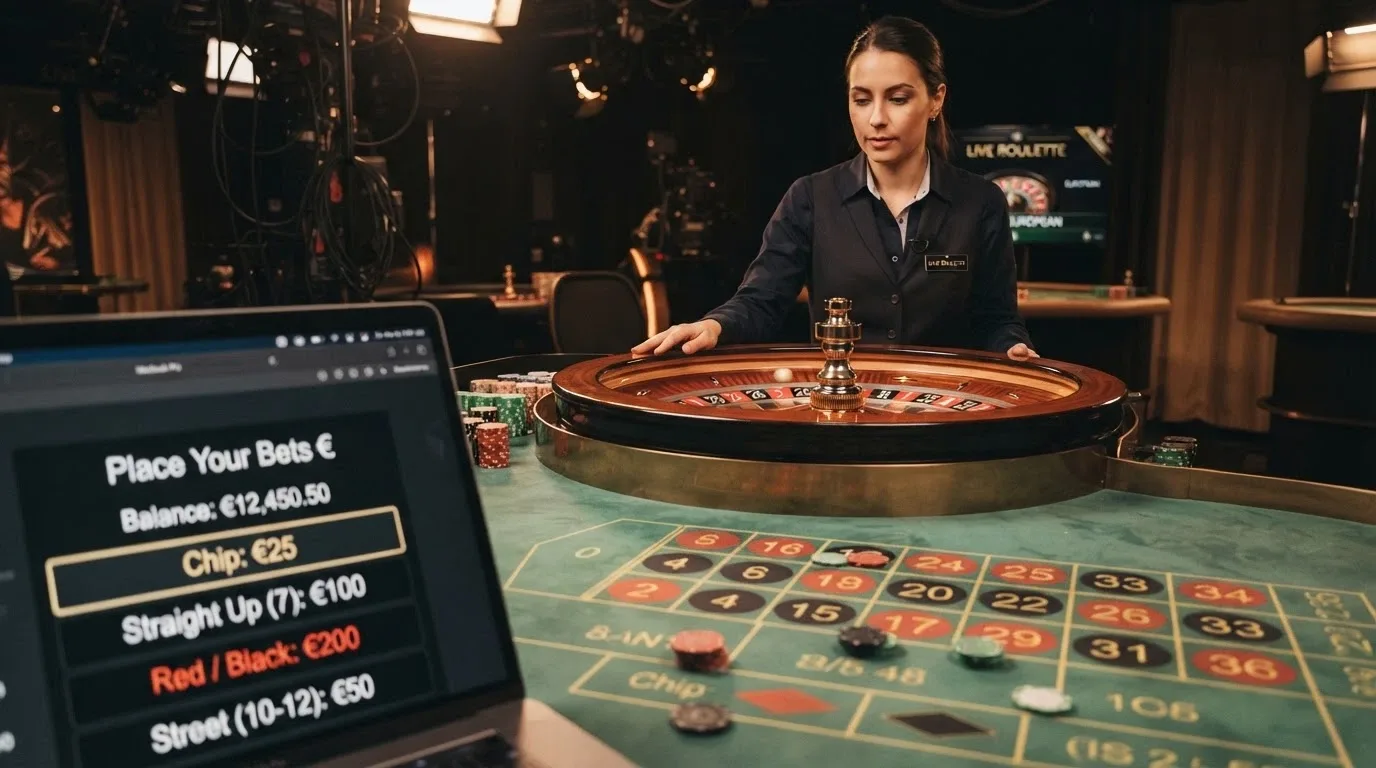 Un crupier real ante una mesa de ruleta con la interfaz de apuestas en pantalla y el chat visible
