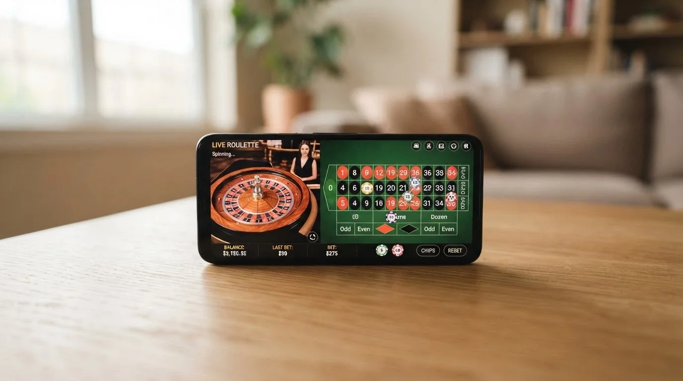 Teléfono móvil en horizontal mostrando una mesa de ruleta en vivo con la interfaz de apuestas táctil adaptada