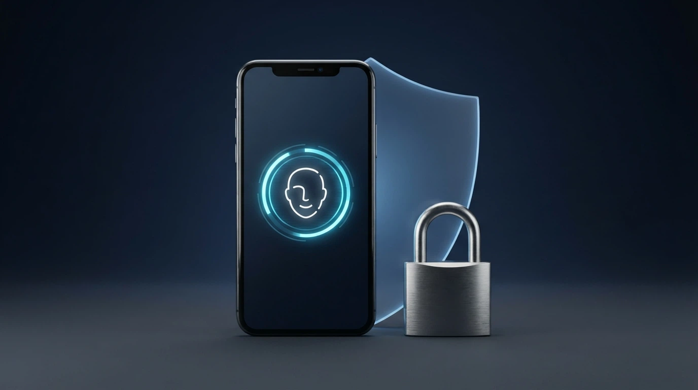 Primer plano de un iPhone mostrando el icono de Face ID junto al candado de seguridad y el símbolo de Apple Pay