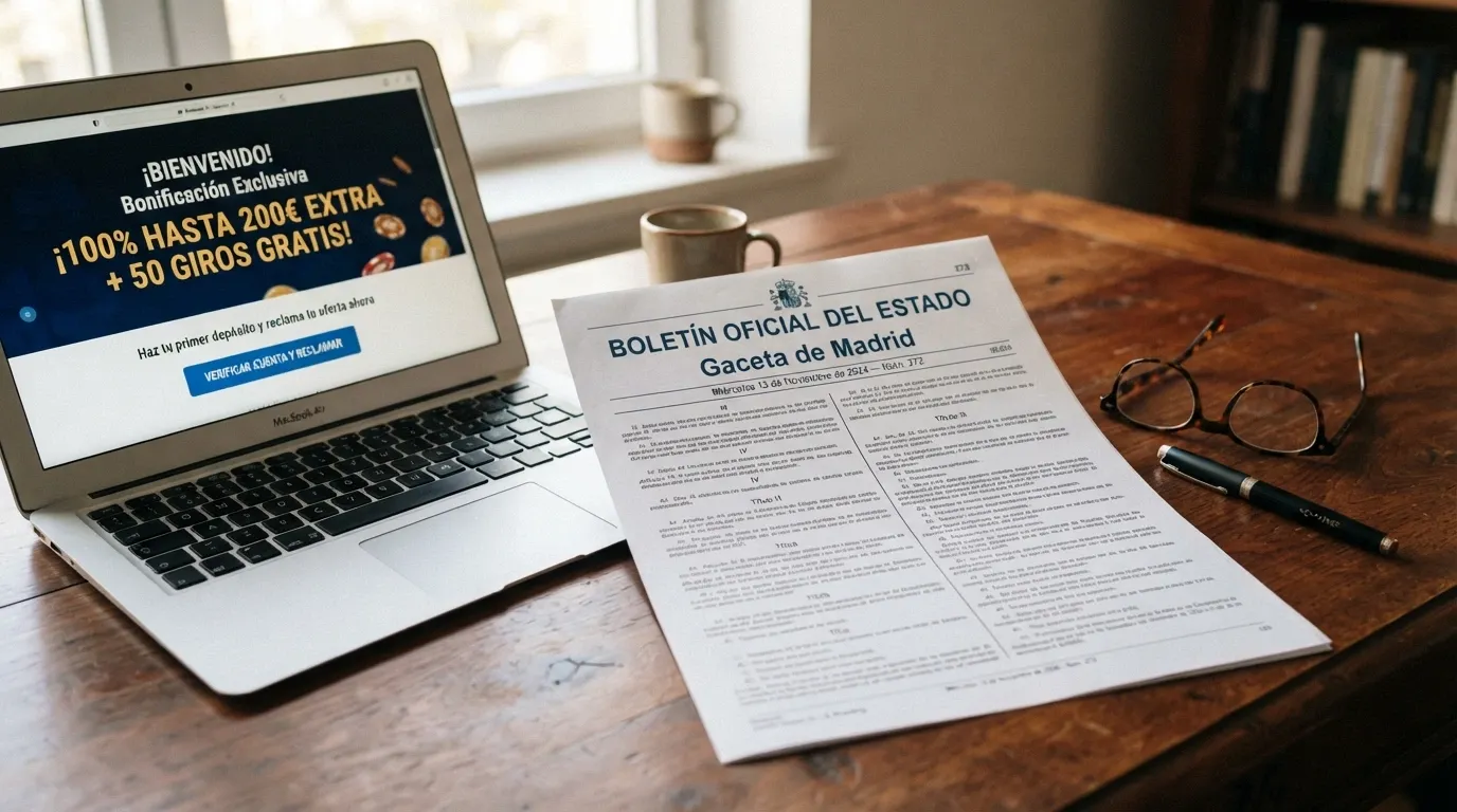 Documento oficial del BOE junto a la pantalla de un bono de bienvenida en un casino con dominio .es